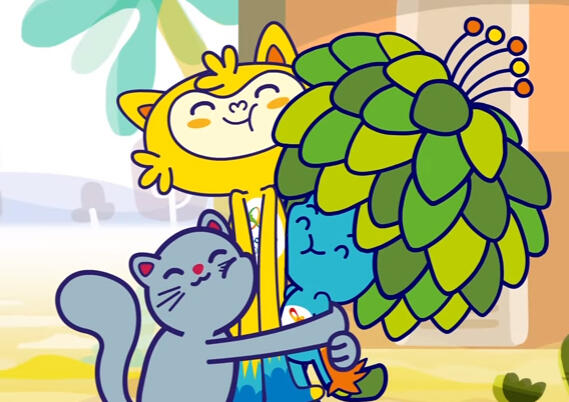 rio 2016 olympic mascots - vinicius and tom, and a random squirrel hugging each other.