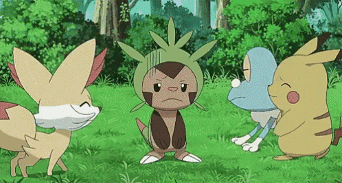 pokémon gif - chespin being comforted by his partners pikachu, froakie and fennekin!